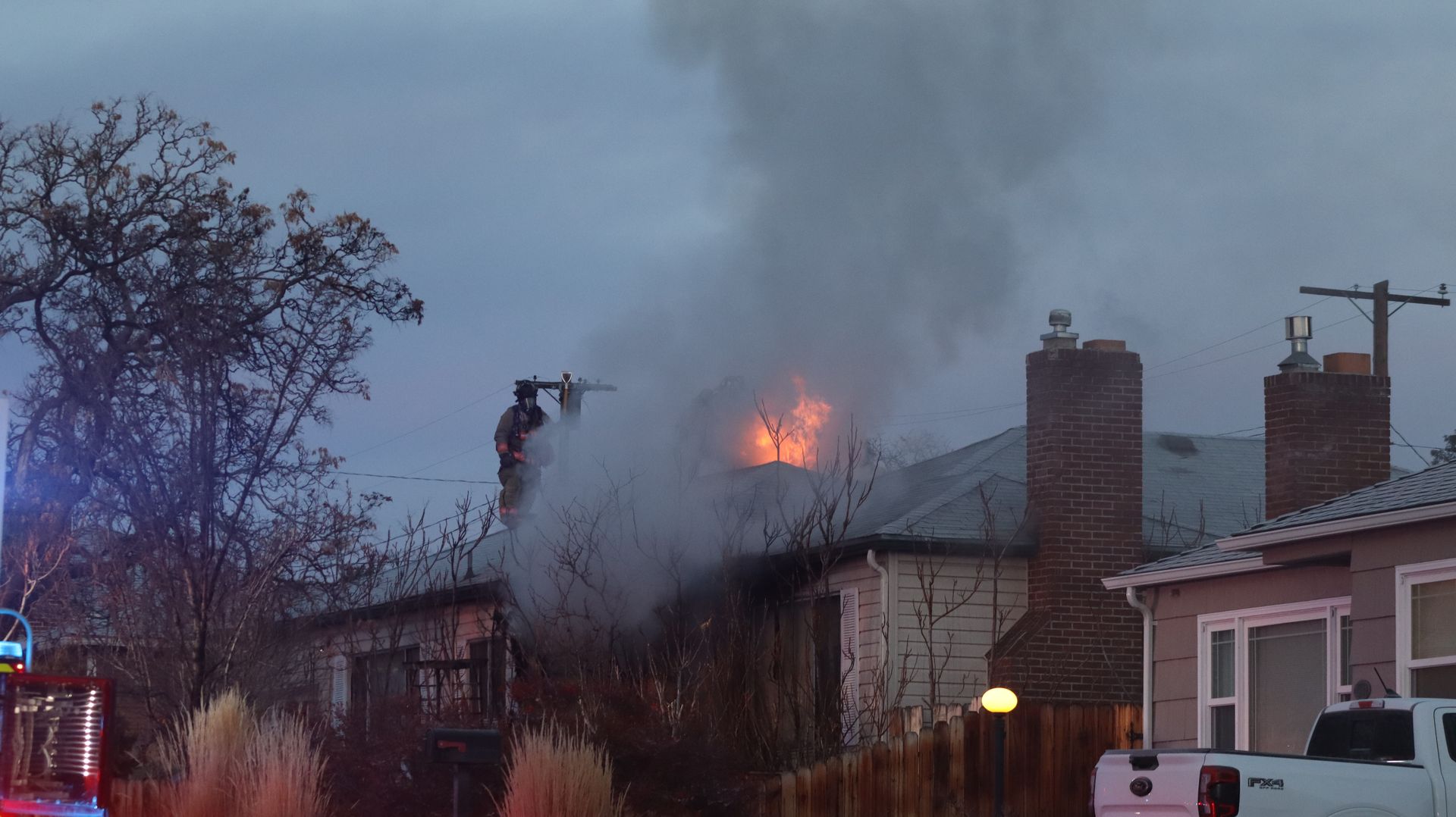 Fire Is appearing from virtical ventilation made using a chain saw